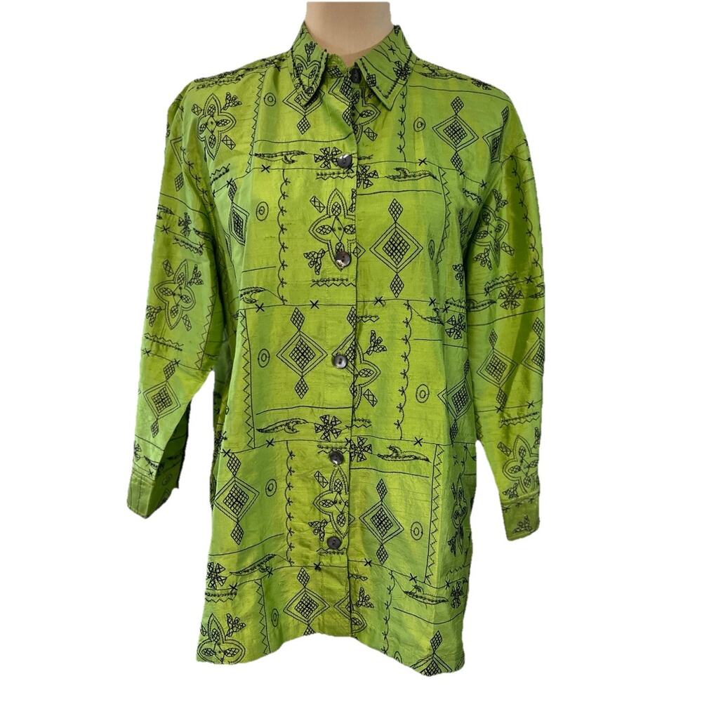 Vintage 90s Lime Green Silk Top Beaded Embroidered Jacket Large Artsy‎ artisan